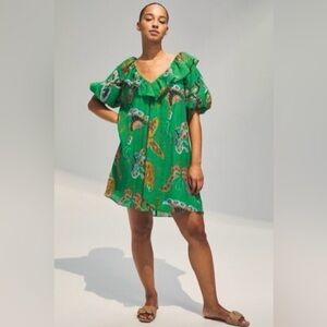 H&M Green Balloon Sleeve Ruffle Mini Dress with Butterfly Print